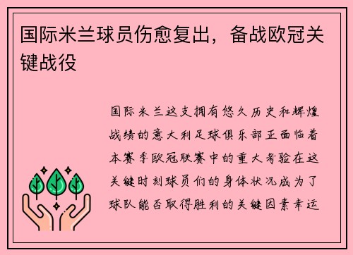 国际米兰球员伤愈复出，备战欧冠关键战役