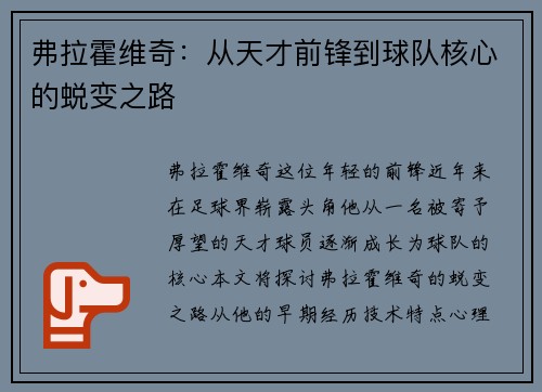 弗拉霍维奇：从天才前锋到球队核心的蜕变之路